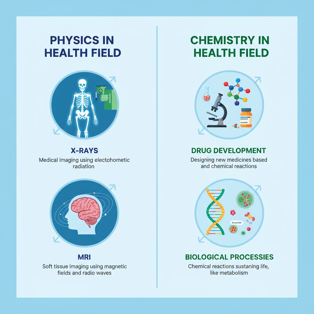 An infographic that has two columns. One column is labeled 'Physics in Health Field' and shows images and brief descriptions of how physics is used in medical imaging like X-rays and MRIs. The other column is labeled 'Chemistry in Health Field' and displays pictures and explanations of drug development and biological processes related to chemistry. Infographic comparing the applications of physics and chemistry in the health field for high school online learning
