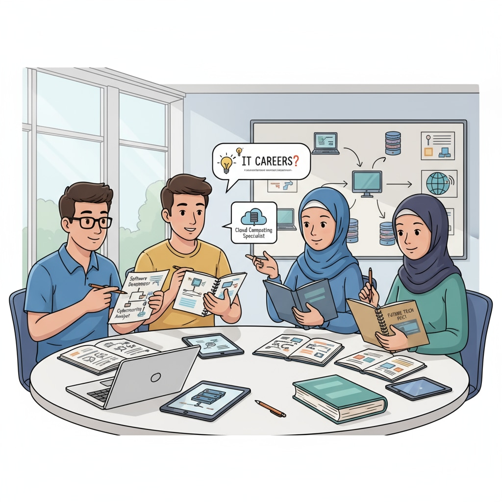 Students are engaged in a discussion about potential IT career options in a classroom setting, with notebooks and pens in hand, showing their interest in learning. K12 students discussing Information Systems Engineering, Information and Communication Technology and professional choice in a classroom