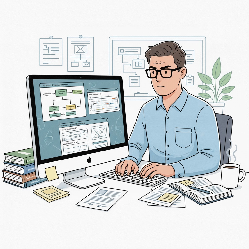 A person is intently working on an information systems engineering project on a computer, with various windows and diagrams related to system design open on the screen. A person working on an information systems engineering project relevant to Information Systems Engineering, Information and Communication Technology and professional choice