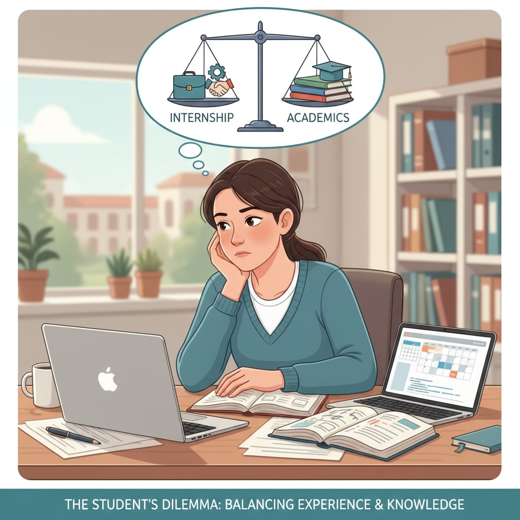 A student sitting at a desk, with books and a laptop open, looking thoughtful while considering internship and academic balance. A K12 student contemplating internship working hours and academic balance.