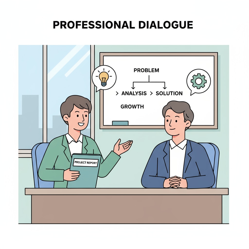 A student having a serious conversation with their boss in an office, showing professionalism. A K12 student professionally communicating with their boss about internship status change.