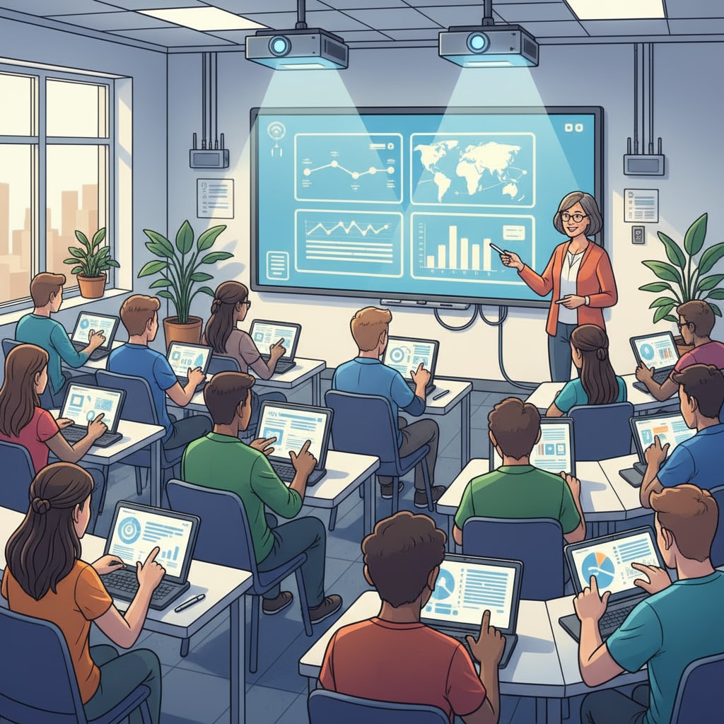 A group of community college students are actively involved in a class where educational technology is being used. Tablets and projectors are visible, indicating an interactive learning environment. Community college students engaged in a class with the aid of educational technology related to teaching effectiveness and graduate programs