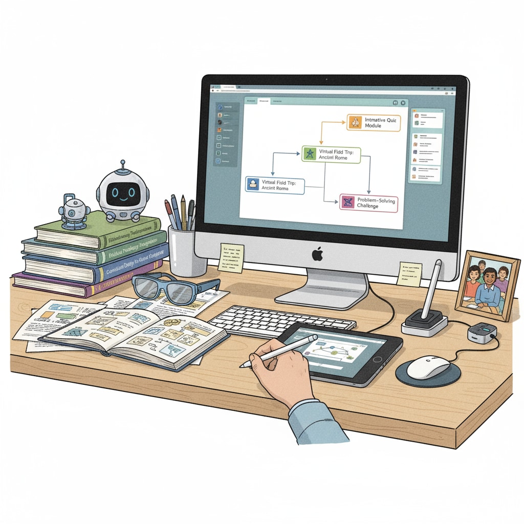 A community college teacher is sitting at a desk, using a computer to design a creative lesson plan with the help of educational technology software. Papers and books related to educational technology are also on the desk. Community college teacher using educational technology for lesson plan design in relation to graduate programs and teaching effectiveness