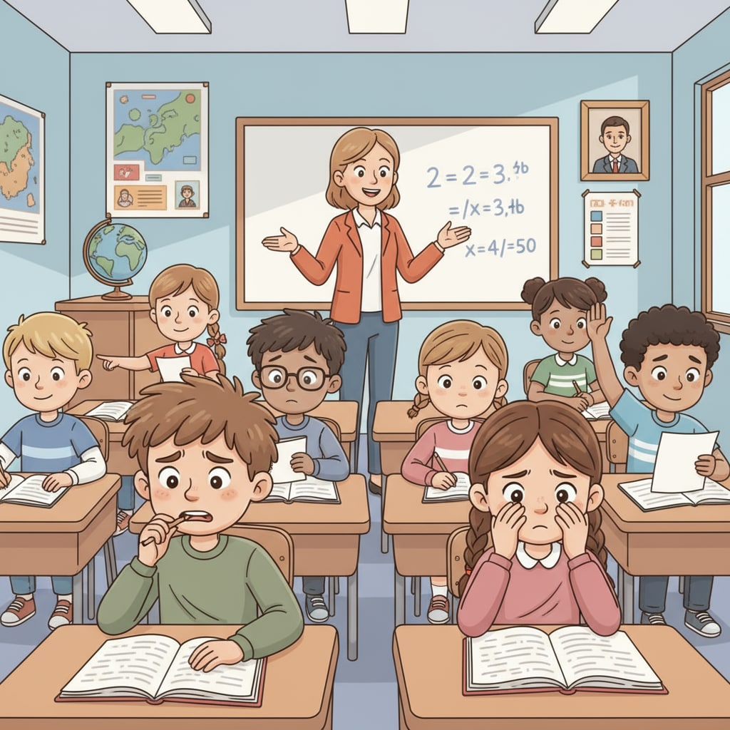 Students in a regular classroom showing signs of intellectual self-doubt and engagement