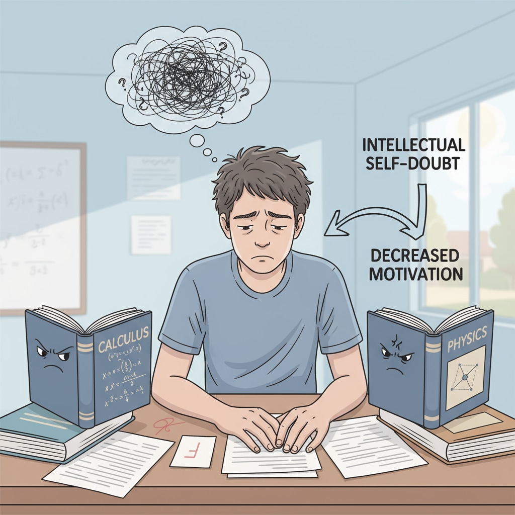 A discouraged student affected by intellectual self-doubt in a study setting
