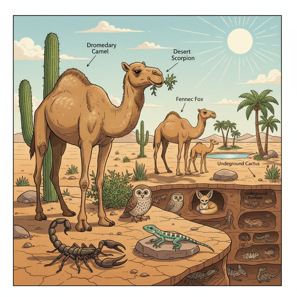 Desert animals demonstrating their adaptation mechanisms and survival abilities in their natural habitat.