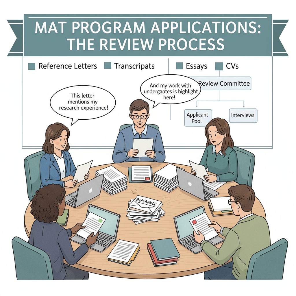 A group of teaching assistants are sitting around a table, looking at reference letters and discussing their MAT program applications. Teaching assistants discussing MAT program applications with reference letters