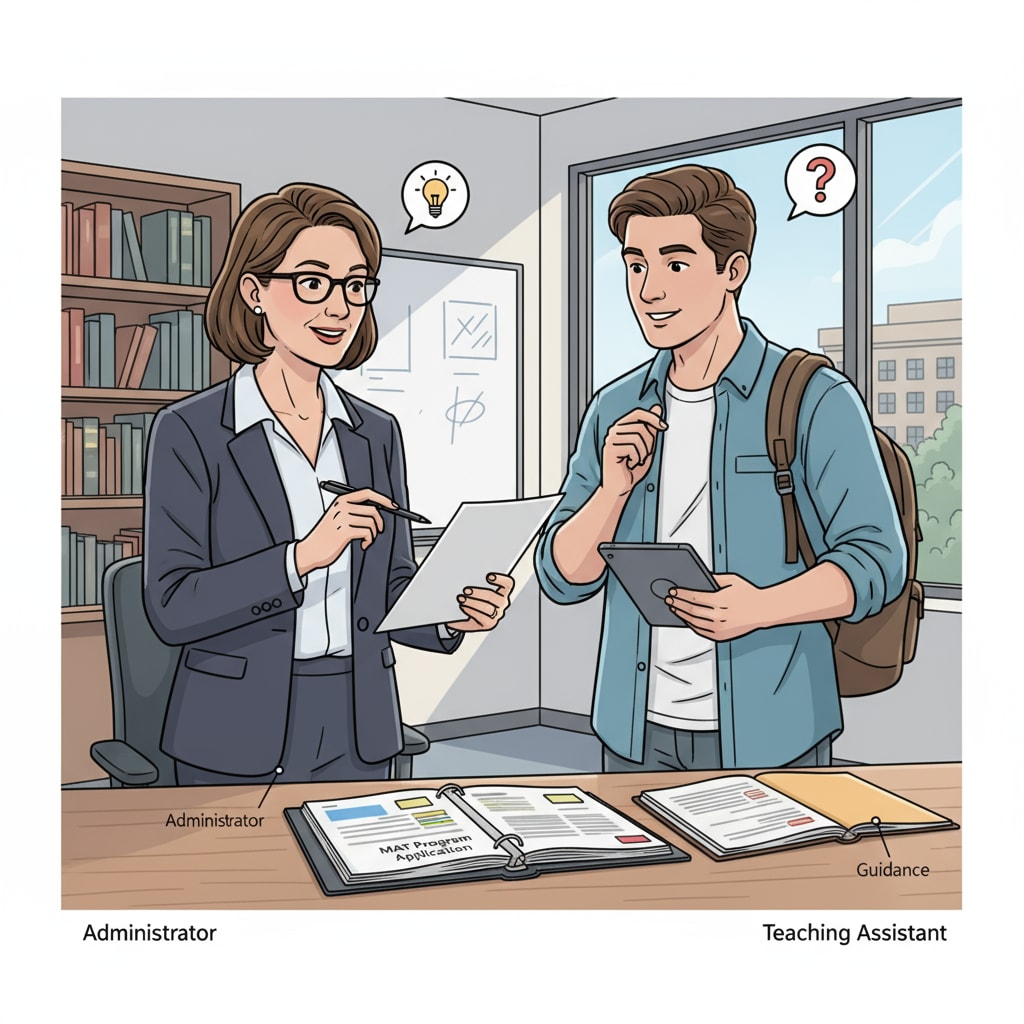 An administrator and a teaching assistant are standing in an office, having a conversation about the MAT program application. The administrator is holding a pen and seems to be giving advice. Administrator and teaching assistant discussing MAT program application