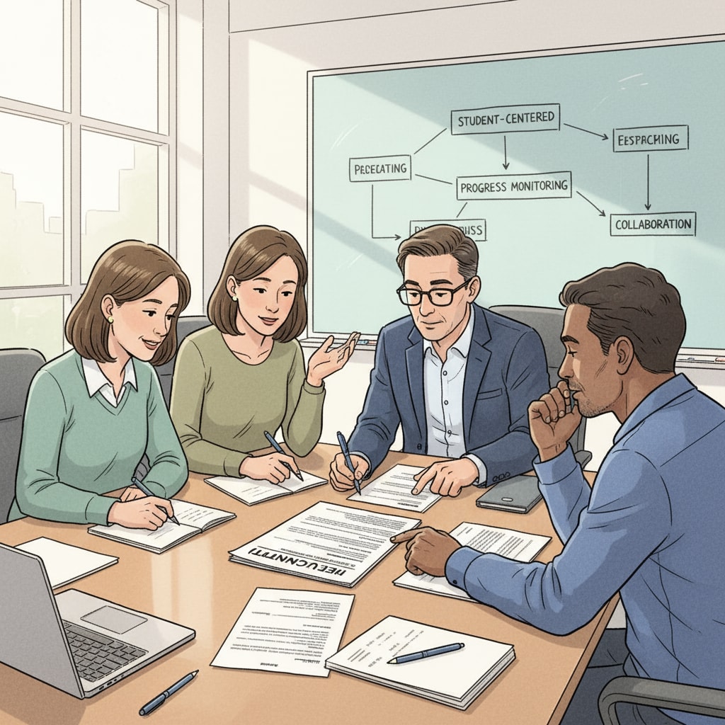 A group of special educators are gathered in a meeting room, discussing an IEP document. They have papers and pens in front of them, and looks of concentration on their faces. Special educators discussing an IEP document to overcome comprehension difficulties