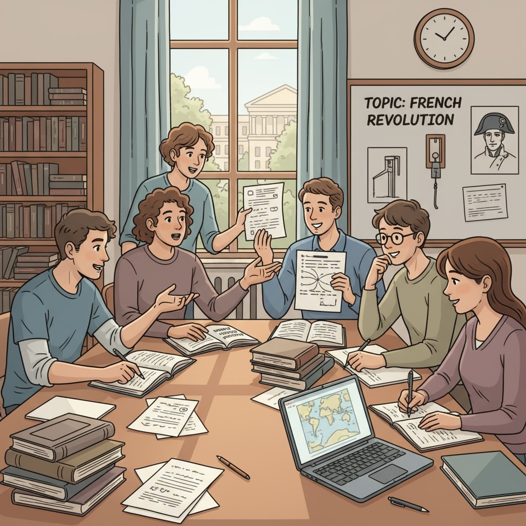 Students discussing historical events relevant to teacher career, university application, and history education