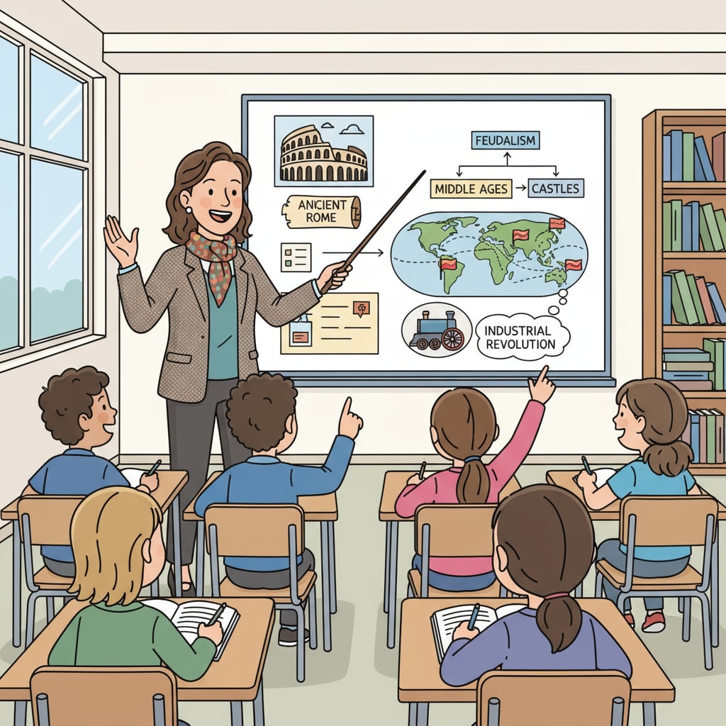 Educator explaining historical concepts related to teacher career, university application, and history education