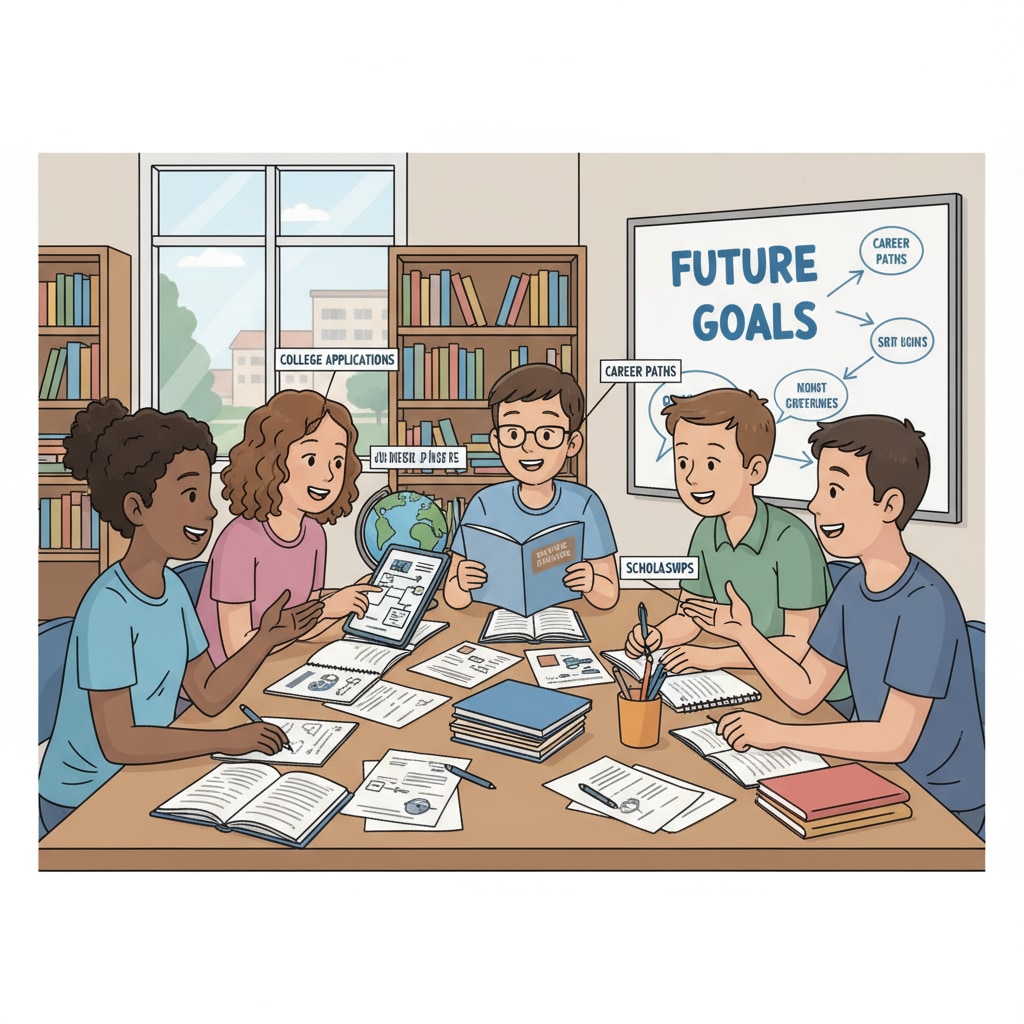 High school students discussing academic planning, college selection, and career development in a study room