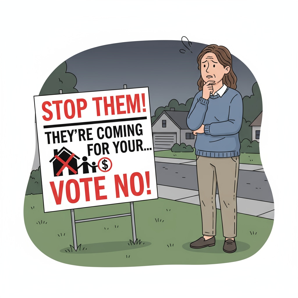 A person looking at a campaign sign with a worried expression, as the sign has a confrontational message A person reacting to a confrontational campaign sign in an education board election