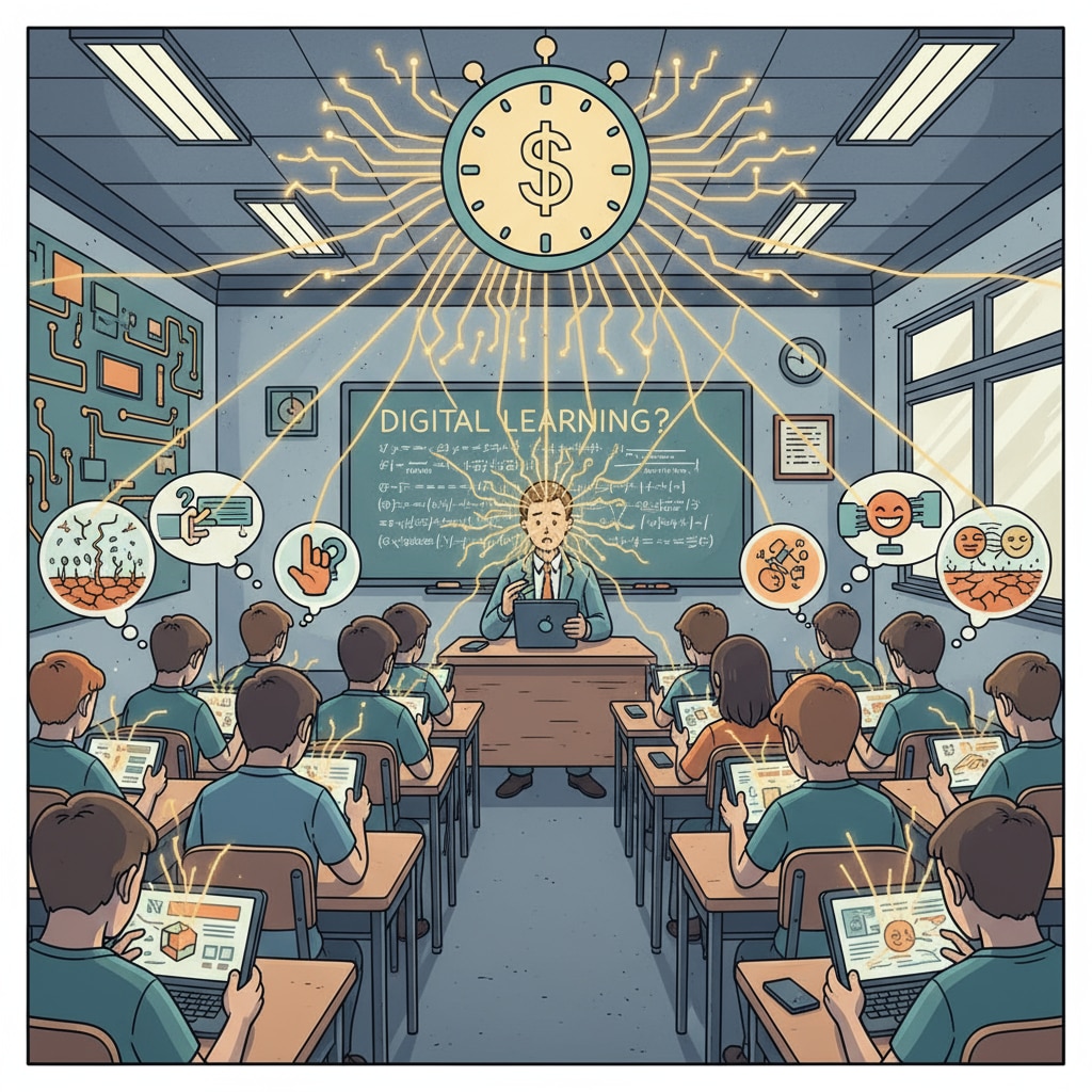 Students using digital devices in a classroom, representing the digital learning environment influenced by attention economy, information desert, and technological manipulation Digital learning environment affected by attention economy, information desert, and technological manipulation