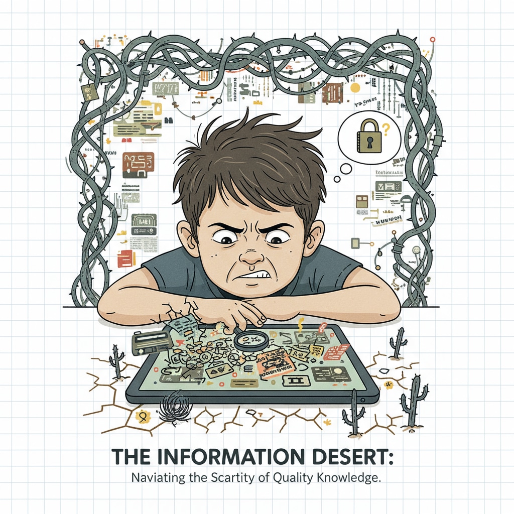 A student looking frustrated at a digital screen, symbolizing the lack of quality information in the information desert created by technological manipulation Student frustrated due to lack of quality information in information desert of technological manipulation