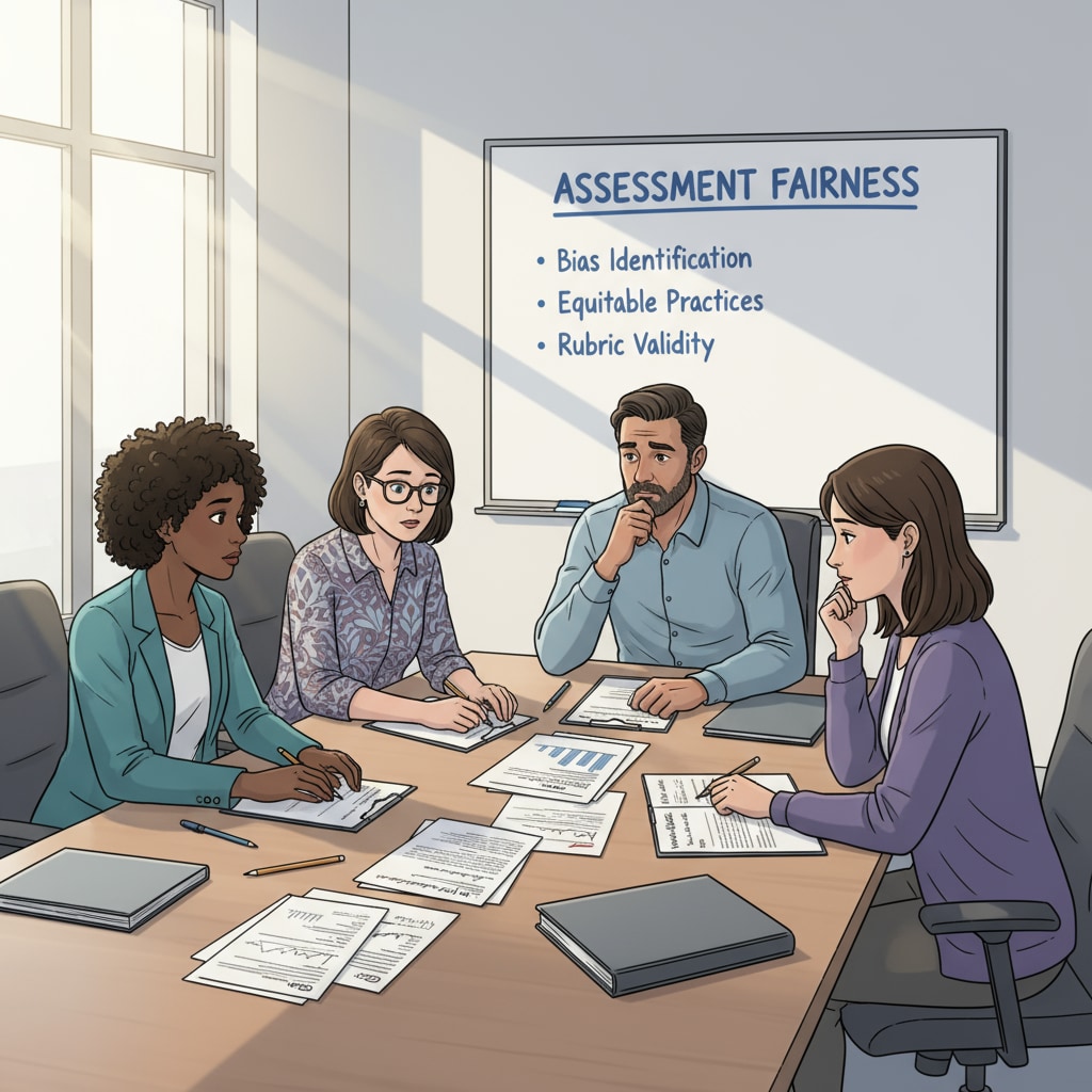 A group of educators are sitting around a table in an office, having a serious discussion about assessment fairness. Papers and pens are on the table, and their expressions show they are deeply engaged. Educators discussing ethical dilemmas in educational management regarding assessment fairness