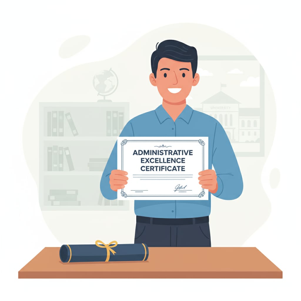 A person is proudly holding an administrative certificate in their hand. They are smiling confidently, with a diploma case beside them. A person with an administrative certificate demonstrating its importance in educational management