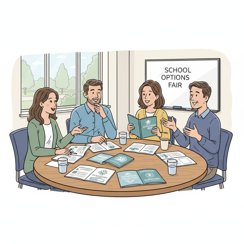 A group of parents are gathered around a table, looking at brochures and having an animated discussion about different school options for their children. Parents discussing school choice options in the context of education policy and political controversy