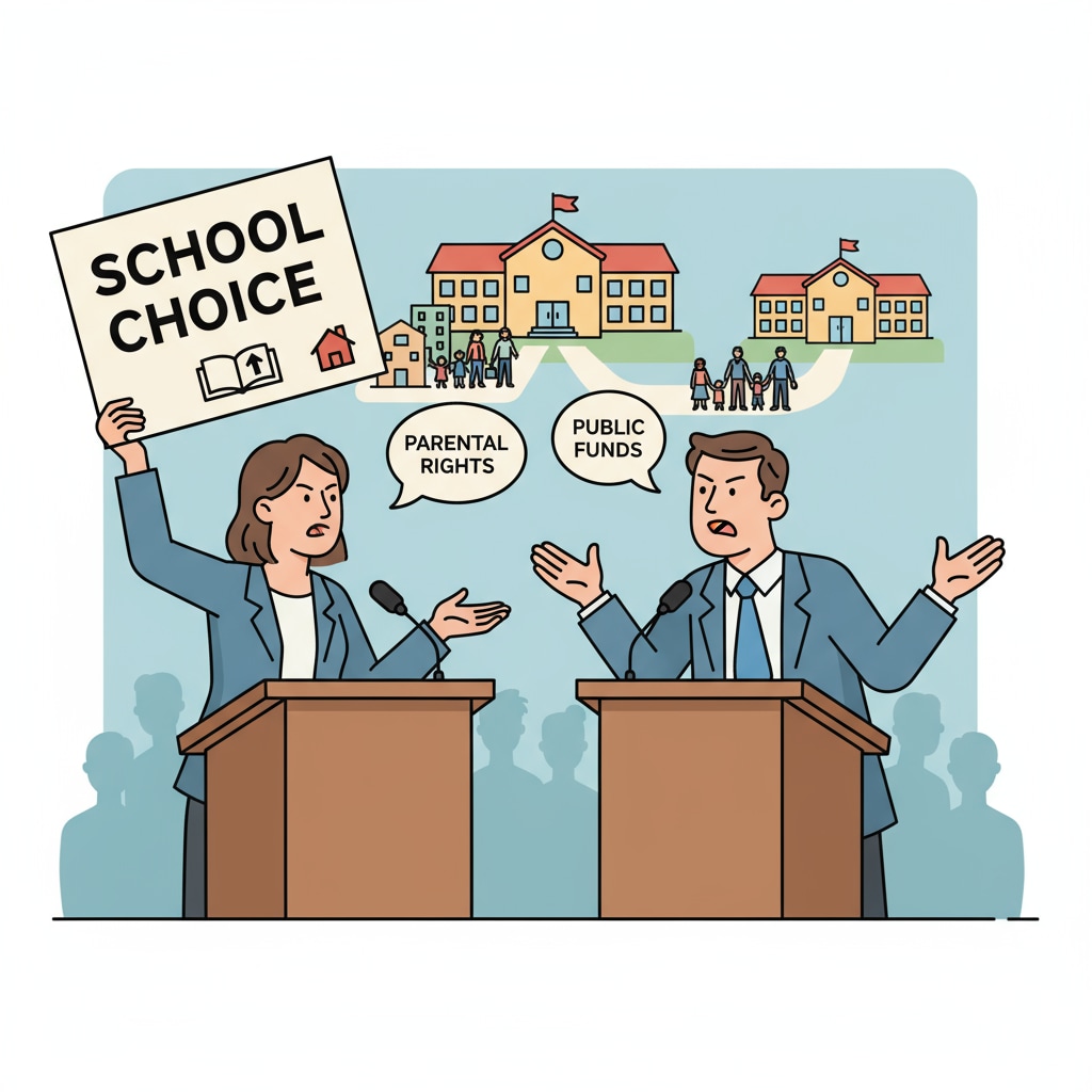 Two political figures are standing at a podium, engaged in a heated debate. One is holding up a sign related to school choice, while the other is gesturing in opposition. Political figures debating school choice policy amidst education and political issues