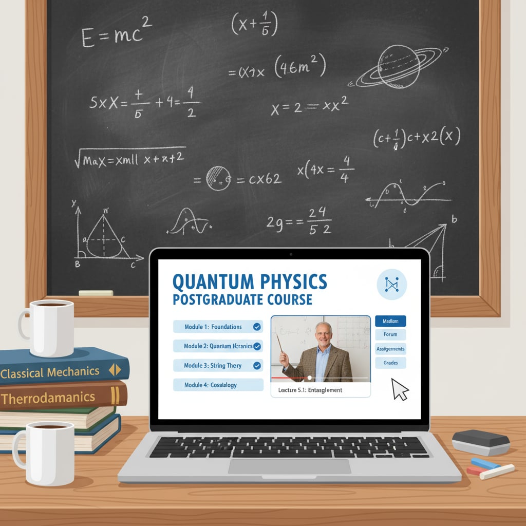 A physics teacher is in front of a classroom blackboard filled with physics equations. There is a laptop open beside, showing an online postgraduate course interface. This represents the combination of in-class teaching and online postgraduate study. A physics teacher engaged in both classroom teaching and online postgraduate learning