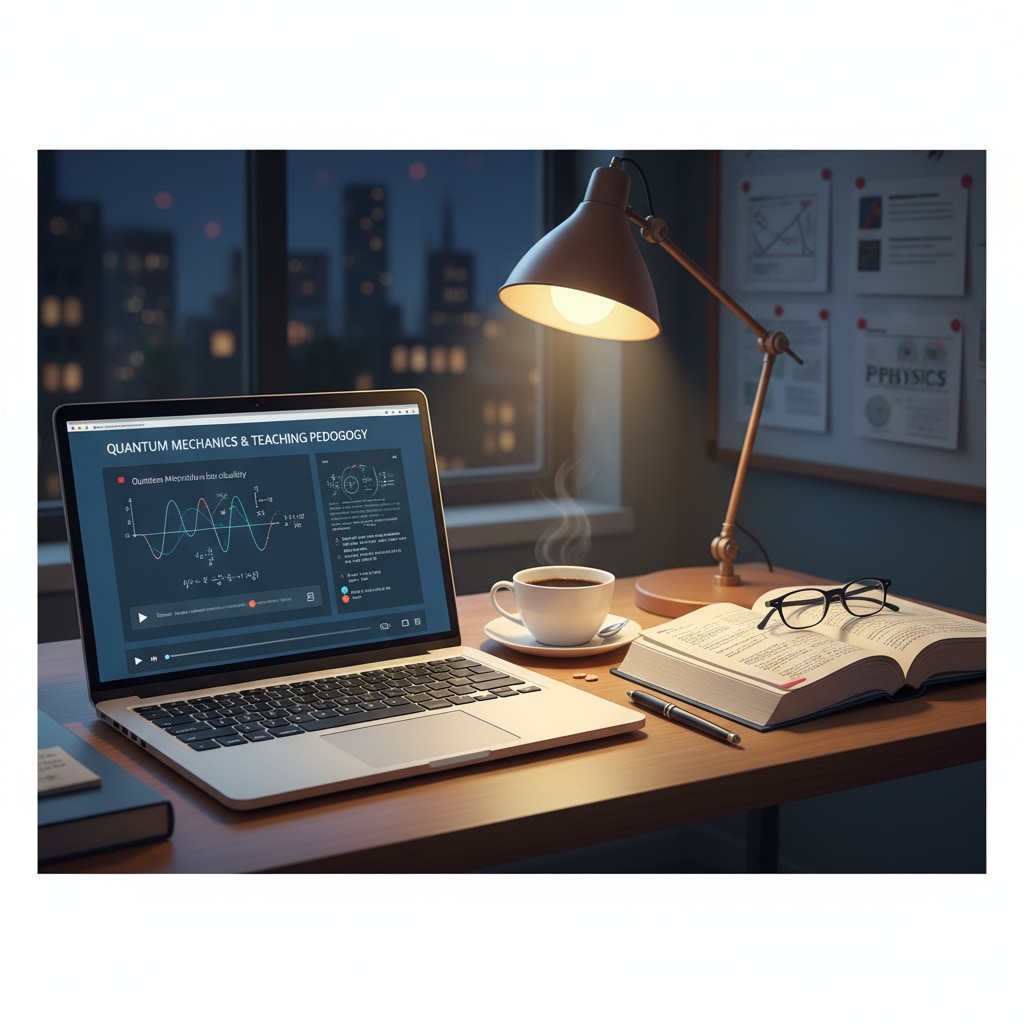 A physics teacher is sitting at a desk at night. There is a laptop open with an online course on the screen and an open book beside. This depicts the scenario of a teacher studying through night school and online learning. A physics teacher studying via night school and online learning