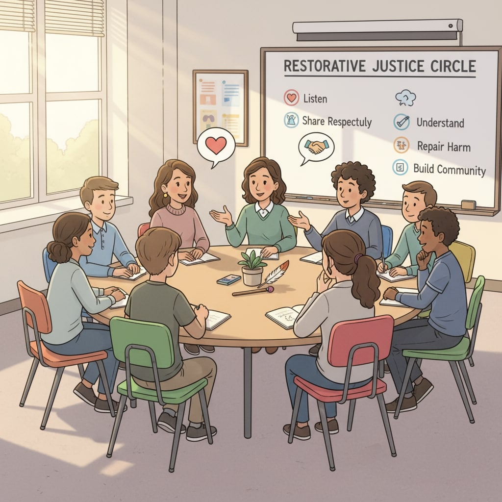 In a classroom, students are attentively participating in a restorative justice session, with an atmosphere of mutual understanding and cooperation. Students participating in a restorative justice session in a classroom