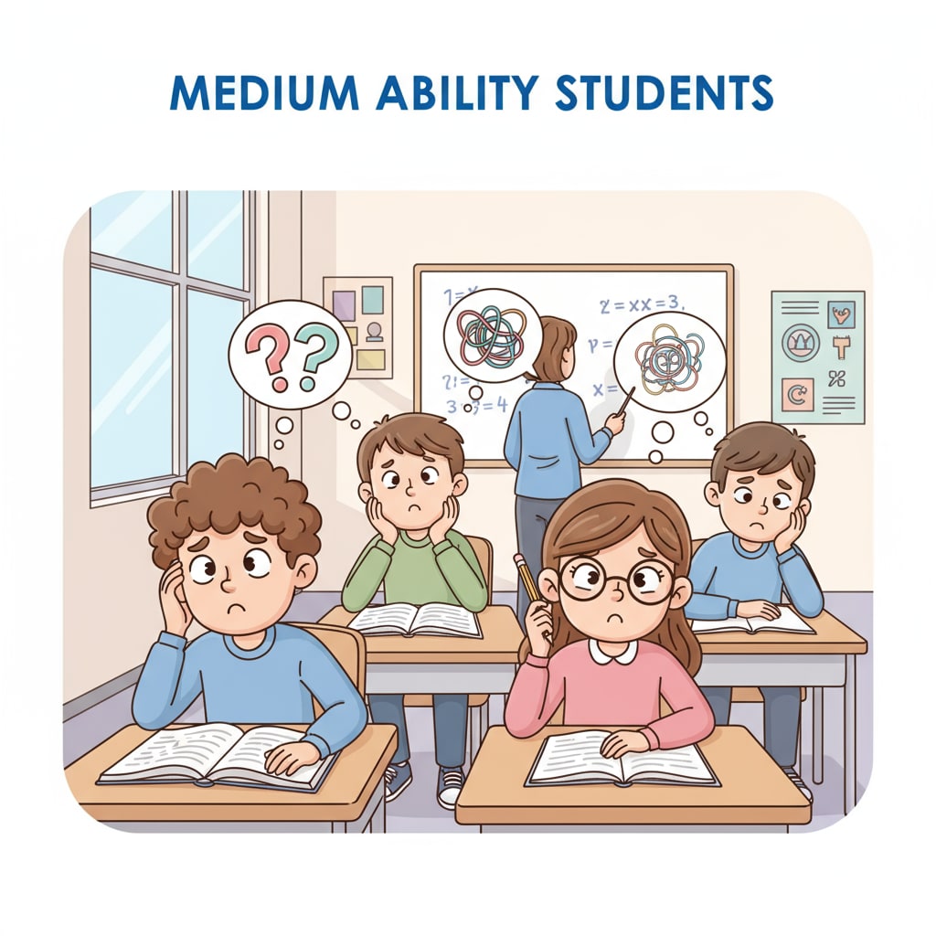 A group of students sitting in a classroom, looking a bit lost, representing the situation of medium-ability students Medium-ability students in an education environment facing challenges related to student stratification and classroom management