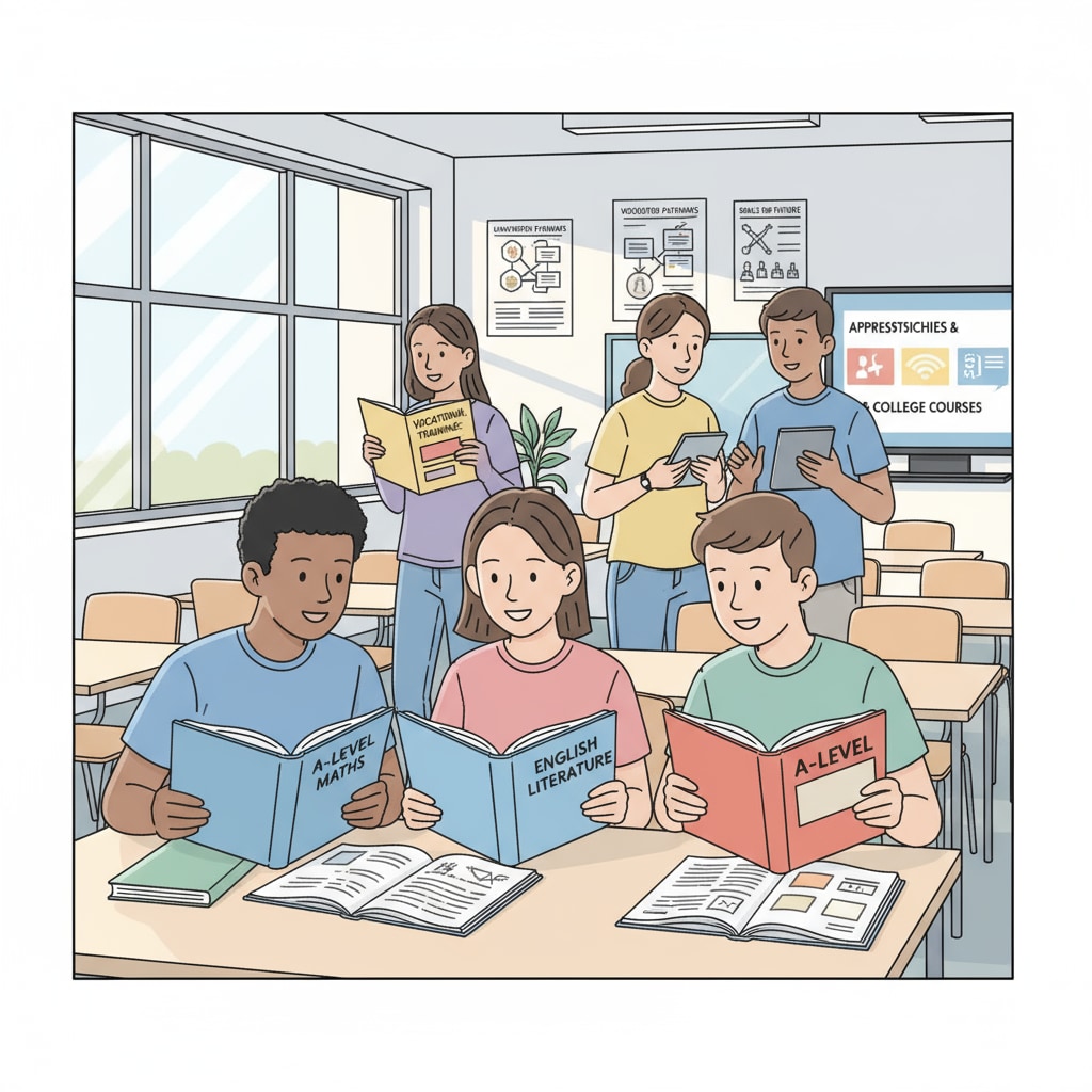 A group of British teenagers are engaged in a discussion about their education options inside a classroom. Some are holding books related to A-level courses, while others are looking at brochures about vocational training. British teenagers discussing education choices including computer science A-level courses and vocational options