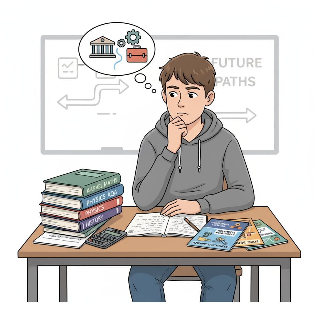 A single British teenager is sitting at a desk, looking at A-level textbooks on one side and brochures for vocational training on the other side, with a thoughtful expression on his face. A British teenager contemplating between A-level courses and vocational training related to computer science