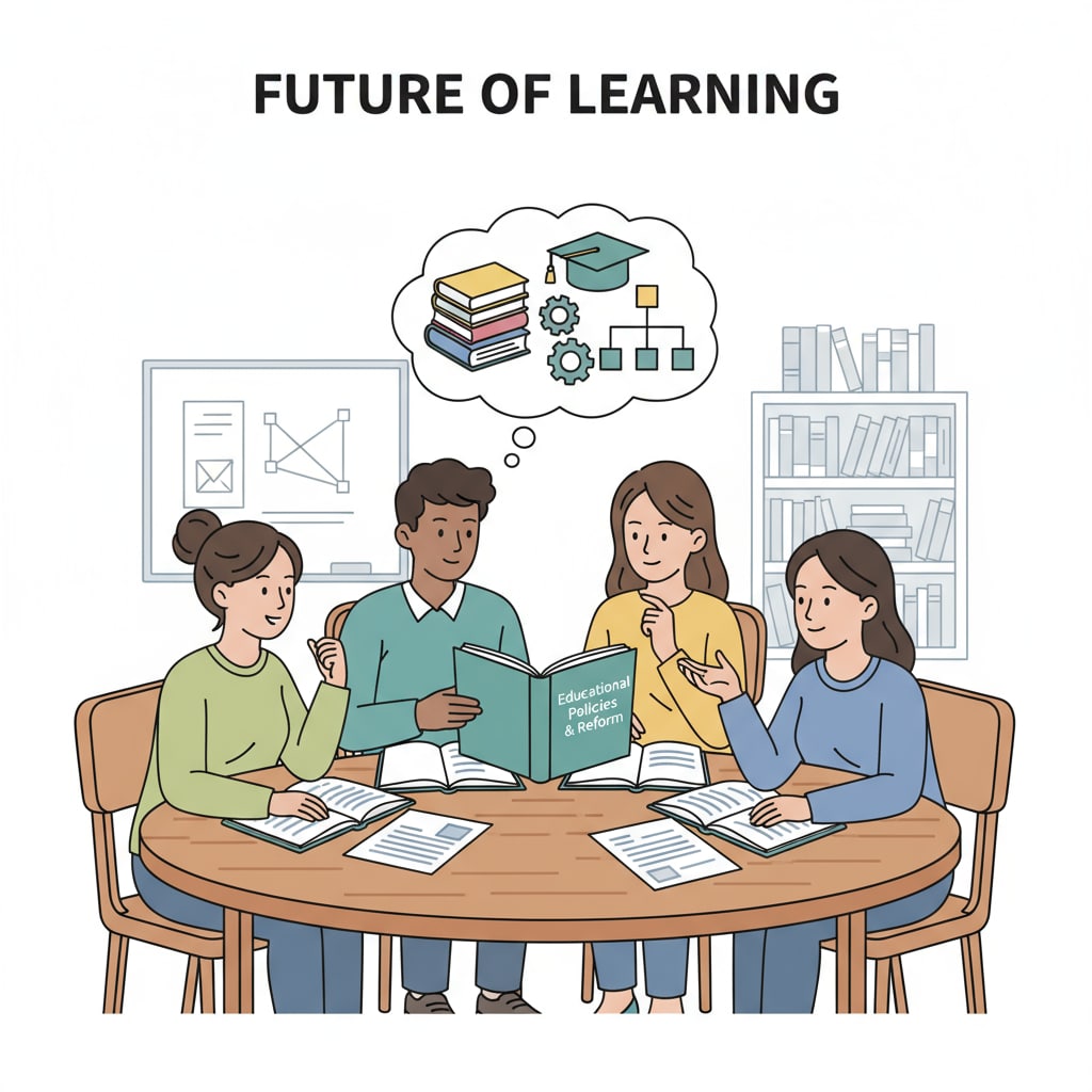 A group of students sitting around a table, engaged in a discussion about educational policies. Students discussing Trump administration's education reform