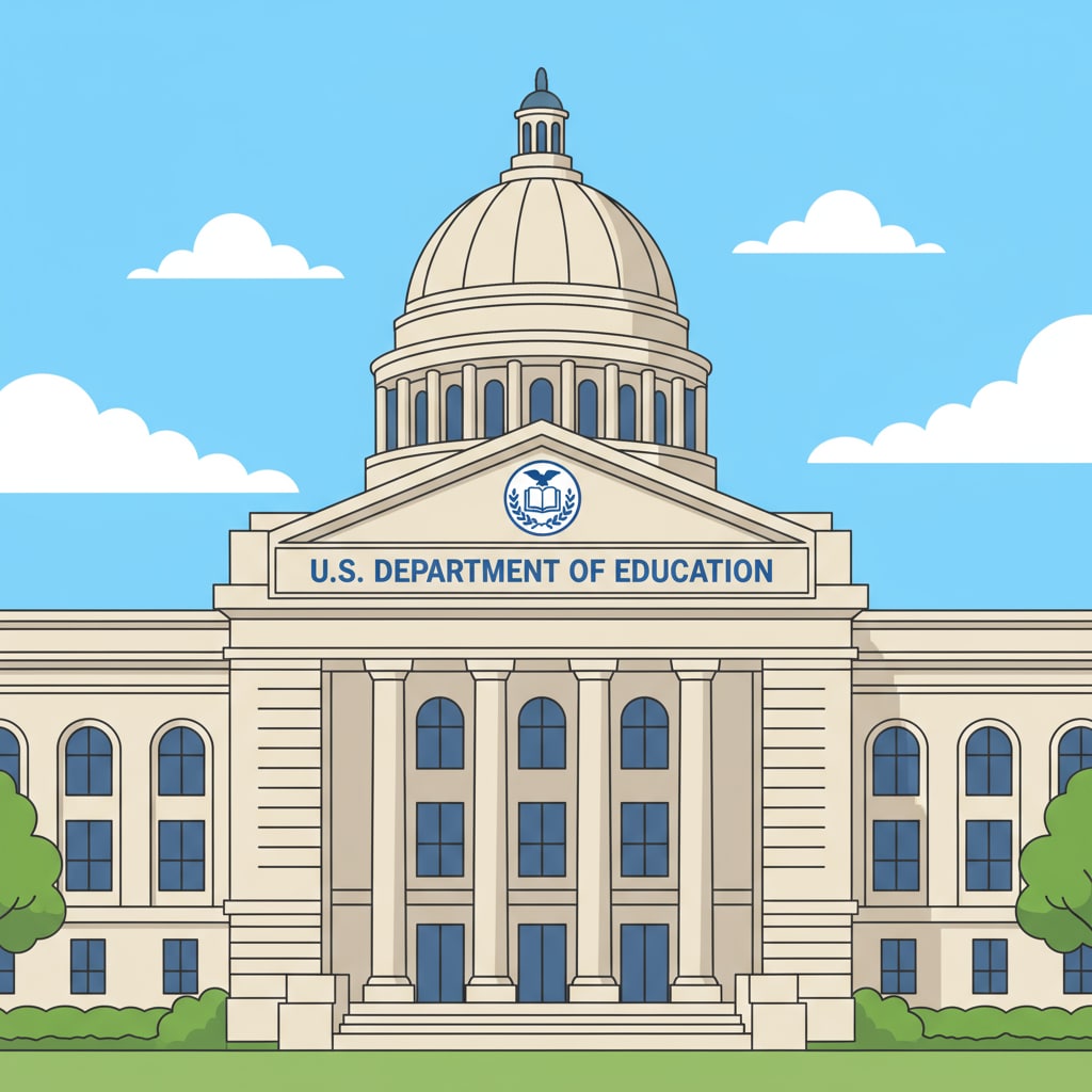 A large building with the sign of the U.S. Department of Education. The U.S. Department of Education building in the context of Trump administration's education reform