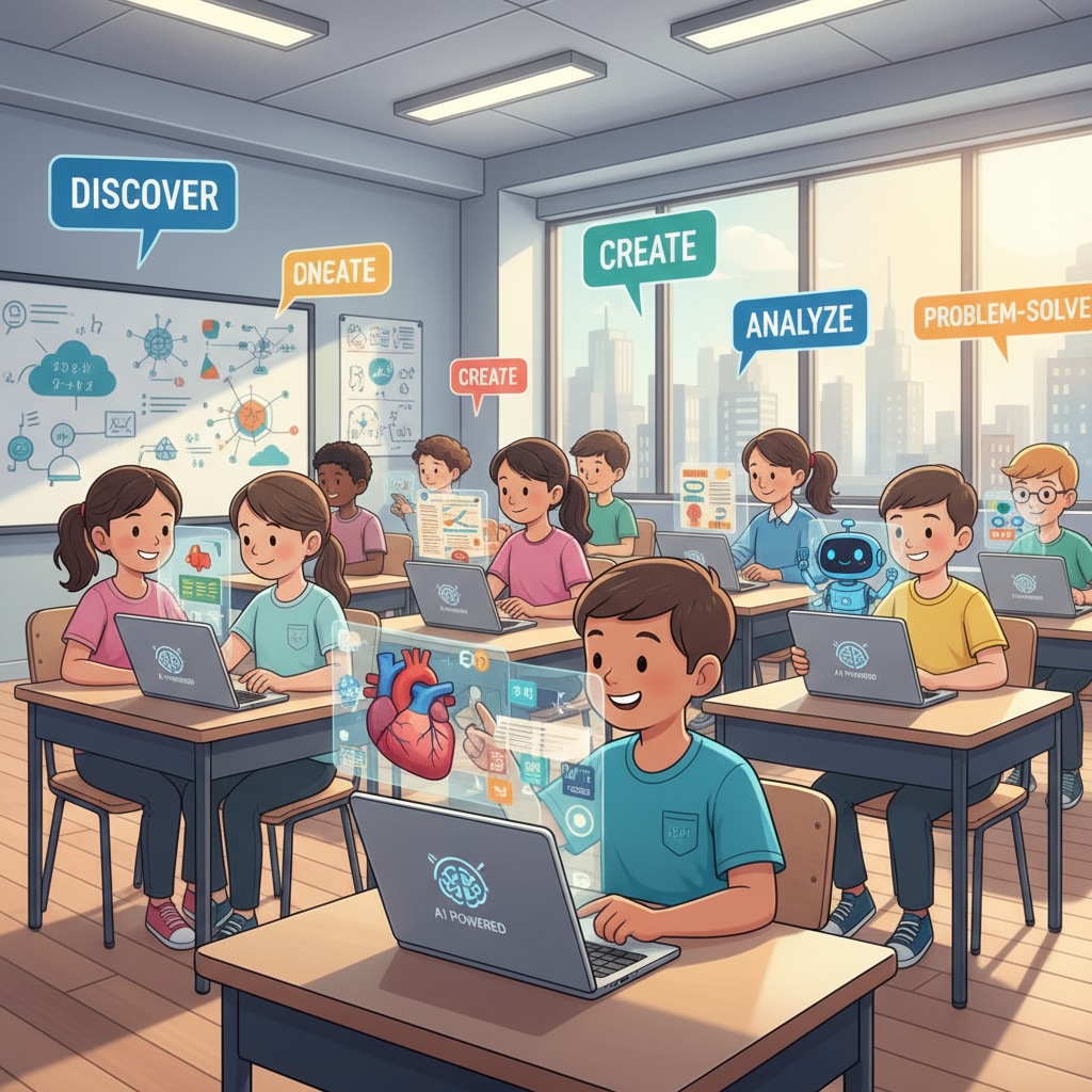 Students are using AI-powered tablets in a classroom setting, engaged in learning activities. Students using artificial intelligence learning tools in a classroom