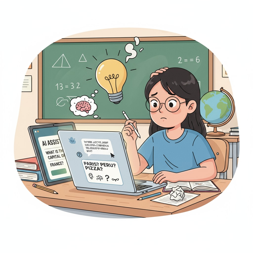 A student is sitting at a desk, looking puzzled while using an AI application on a laptop, struggling with basic knowledge. A student facing difficulties with basic concepts while using artificial intelligence learning tools