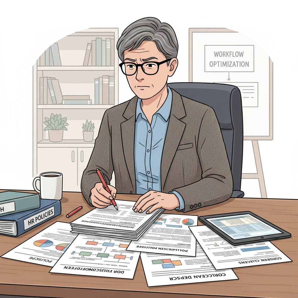 An educator is sitting at a desk, carefully reviewing job reclassification documents. There are papers and a pen on the desk, and the educator seems focused. K12 educator reviewing job reclassification