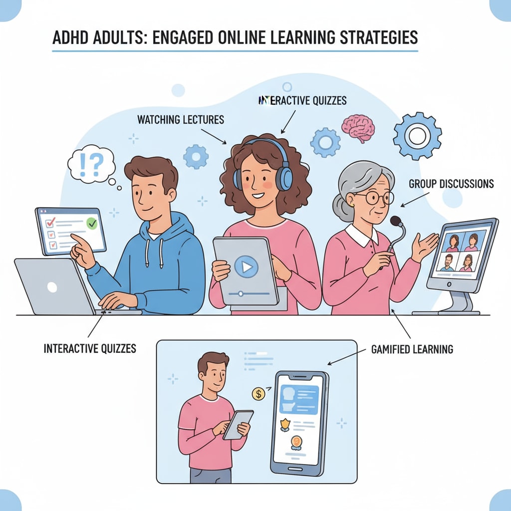 ADHD adults are shown participating in various online learning activities such as watching videos, interacting with quizzes on their devices. ADHD adults engaged in online learning to review basic education