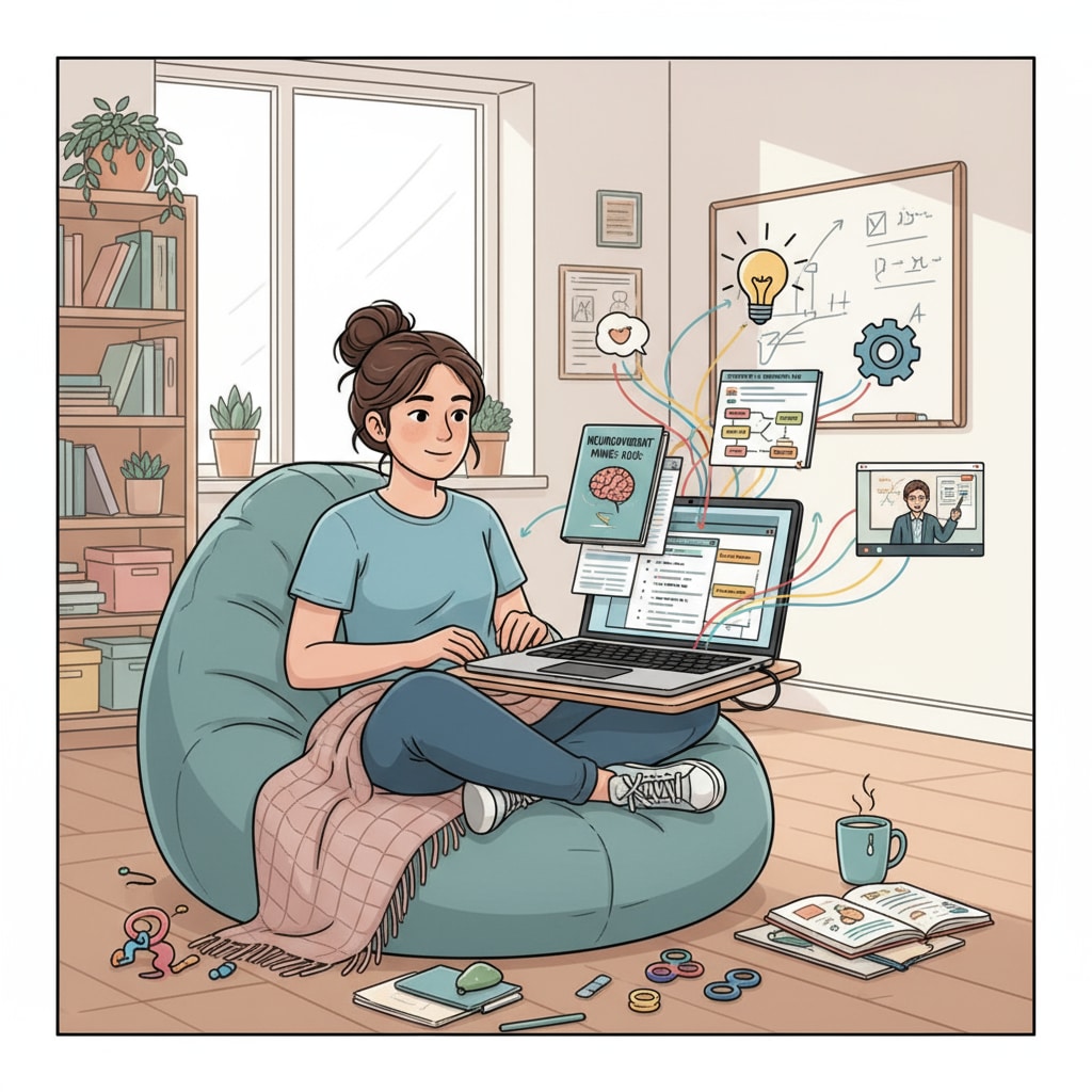 An ADHD adult is sitting in a comfortable space, studying on a laptop with various online learning materials like e-books and lecture notes visible on the screen. ADHD adult utilizing online resources for basic education review