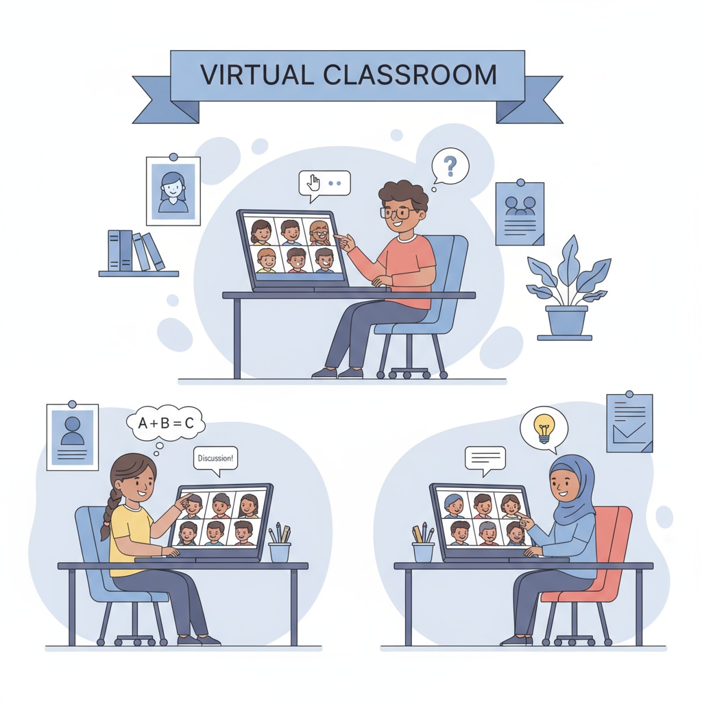 Students are engaged in an online high school class, interacting with their virtual teacher and classmates on their computer screens. Online high school students in a virtual learning environment related to credit requirements and high school diplomas