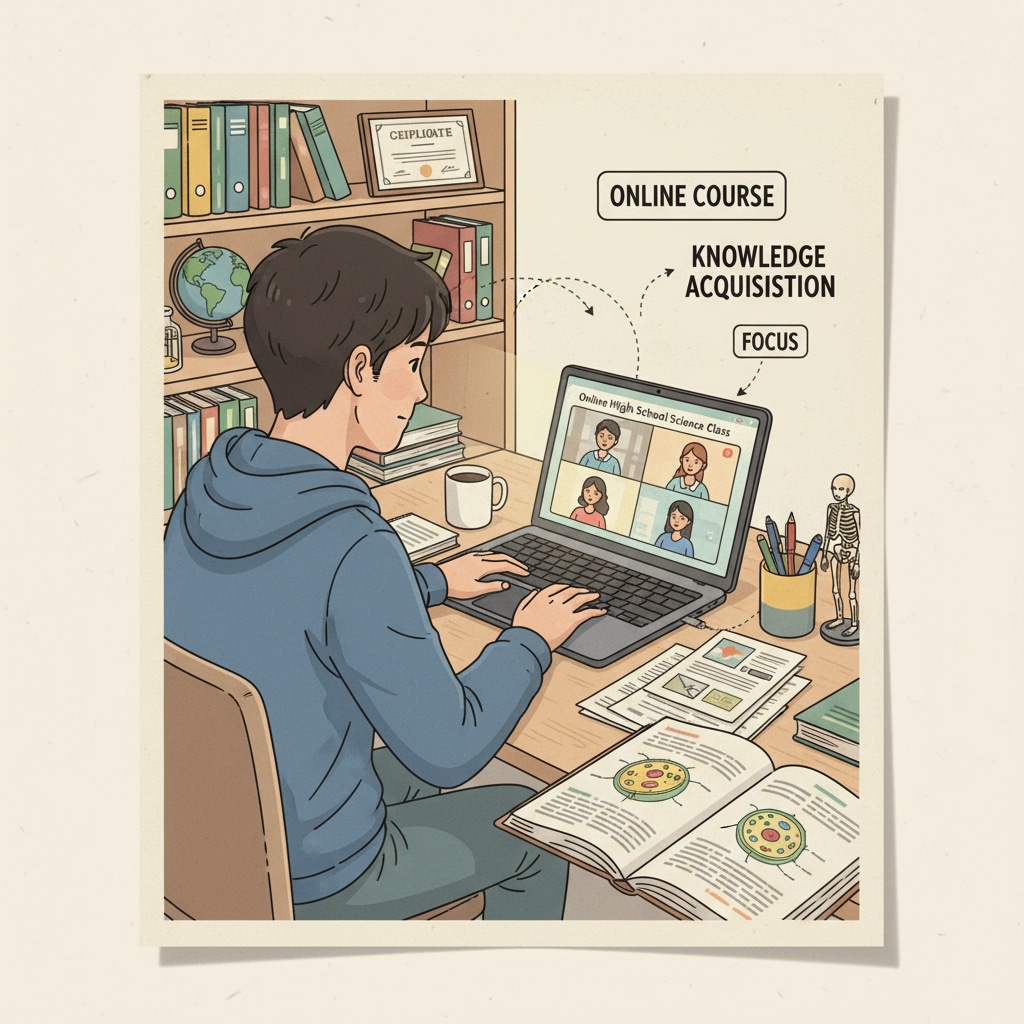 A student is sitting at a desk, focused on their laptop, surrounded by textbooks and study materials while taking an online high school course. Online high school student studying with relevant credit requirements and high school diploma considerations