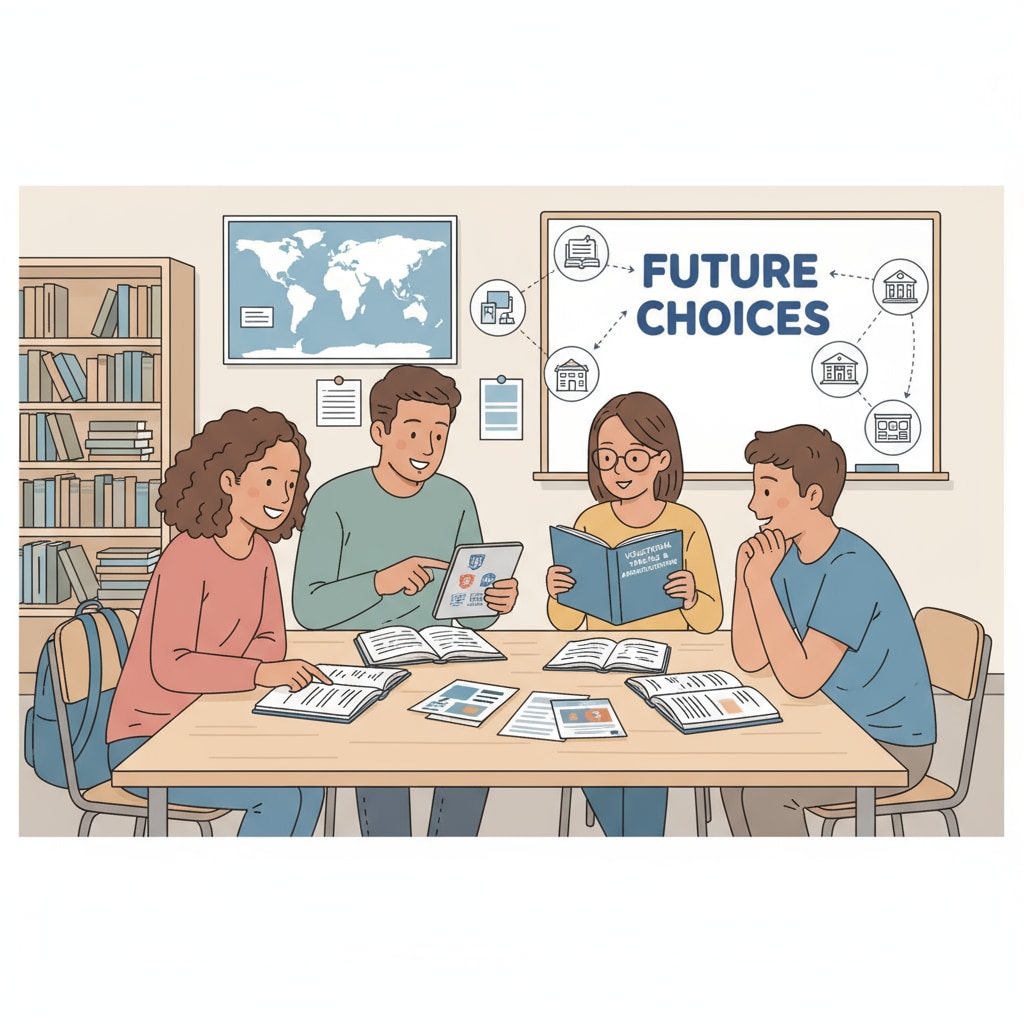 A group of teenagers are sitting around a table, looking at books and discussing different educational options available to them. Teenagers discussing educational choices related to dropouts and GED