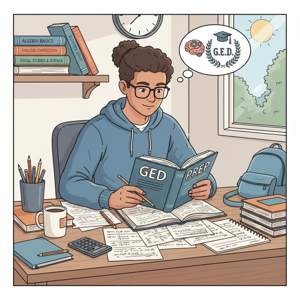 A student is sitting at a desk, surrounded by study materials, focused on preparing for the GED test. Student studying for GED as an educational choice for dropouts