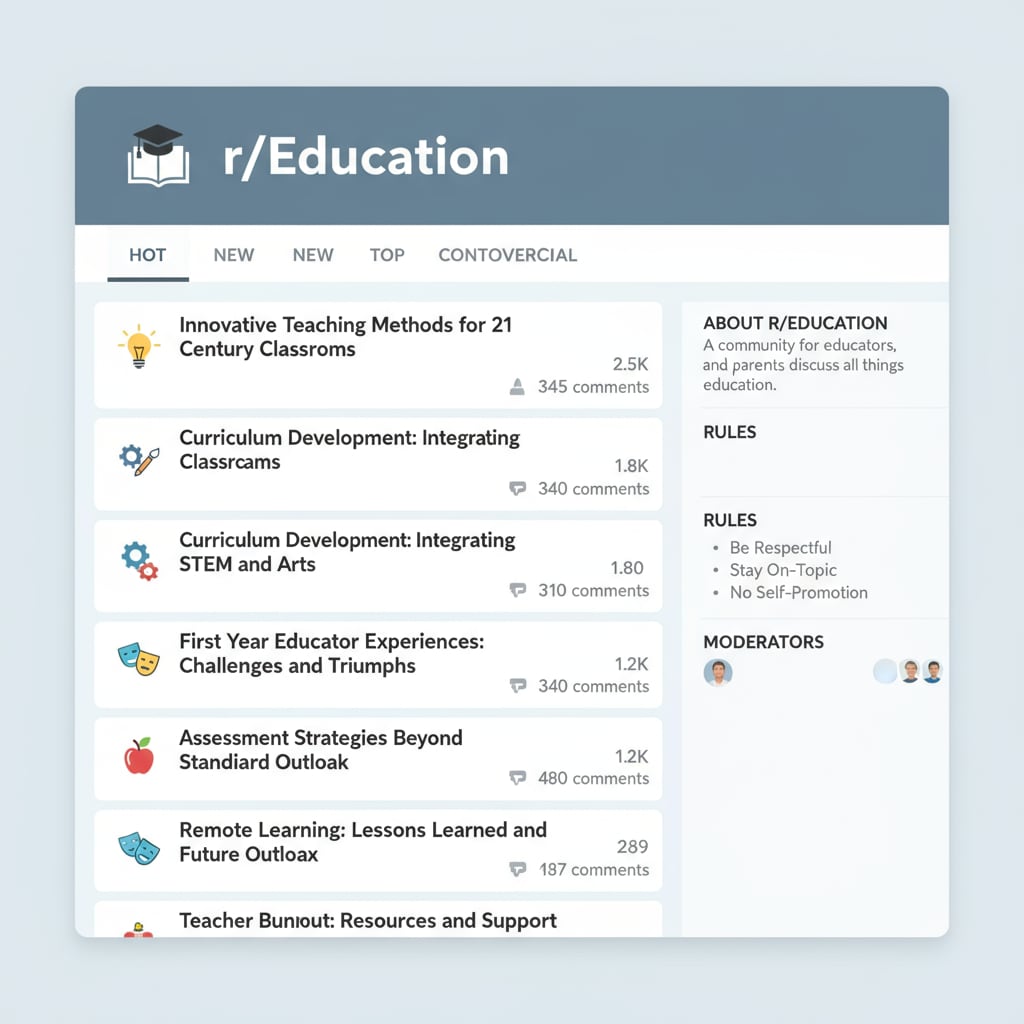 A screenshot of the r/Education subreddit page, showing various discussion threads related to teaching methods, curriculum, and educator experiences. Screenshot of the r/Education subreddit page highlighting community rules, educational network interactions, and diverse subreddits for teachers.
