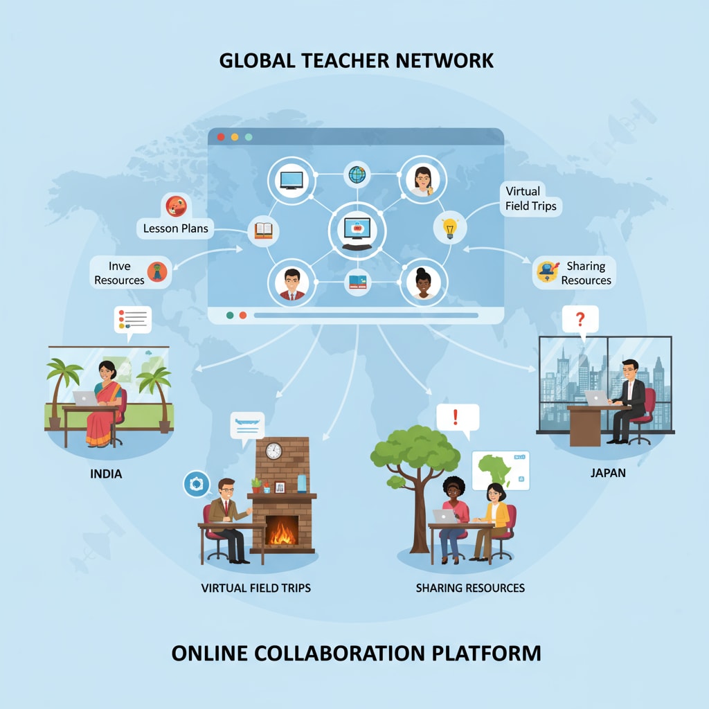 A graphic depicting teachers from different geographical regions connecting on an online platform, sharing ideas and resources. Graphic showing the connection of teachers on an online educational network, emphasizing the role of community rules and subreddits.
