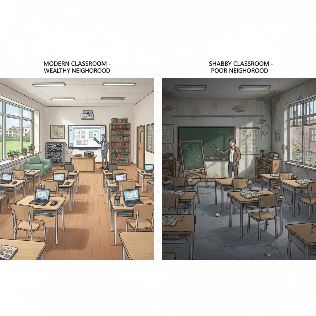 A visual comparison showing a modern, well-equipped classroom in a wealthy neighborhood with brand-new desks, advanced teaching equipment, and a large library area, contrasted with a shabby classroom in a poor area with old, worn-out desks, peeling walls, and limited teaching aids. Comparison of classrooms in wealthy and poor areas in the American school system for social class screening