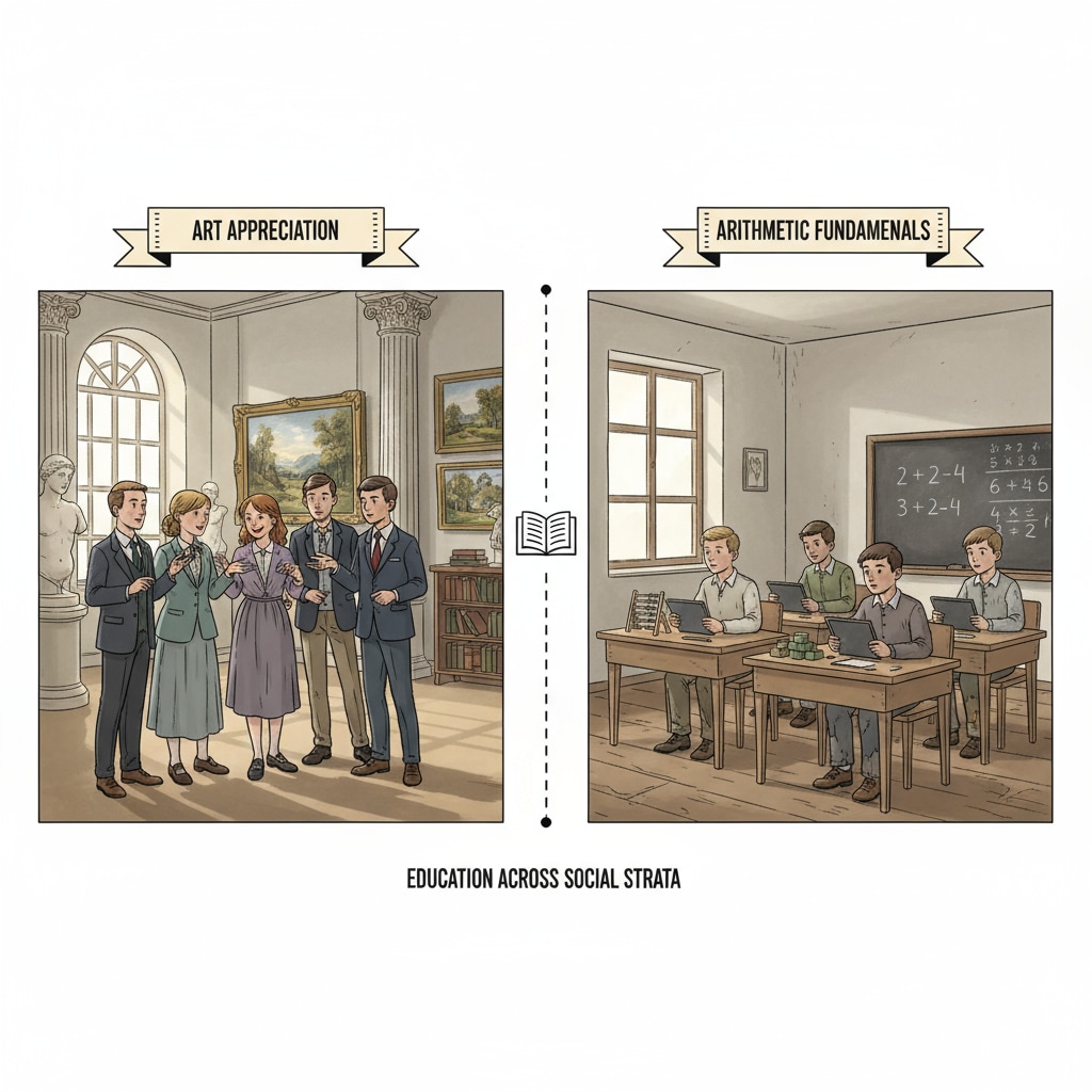 A scene depicting students from different social classes. One group of students from an upper-class background is engaged in a lively discussion in an art appreciation class with high-quality artworks on display. Another group of students from a lower-class area is sitting in a more basic arithmetic class with simple teaching materials. Students from different social classes attending different types of classes in the American education system related to social class screening