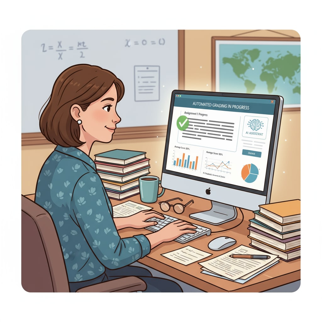 An illustration of a teacher using an AI tool to grade student assignments