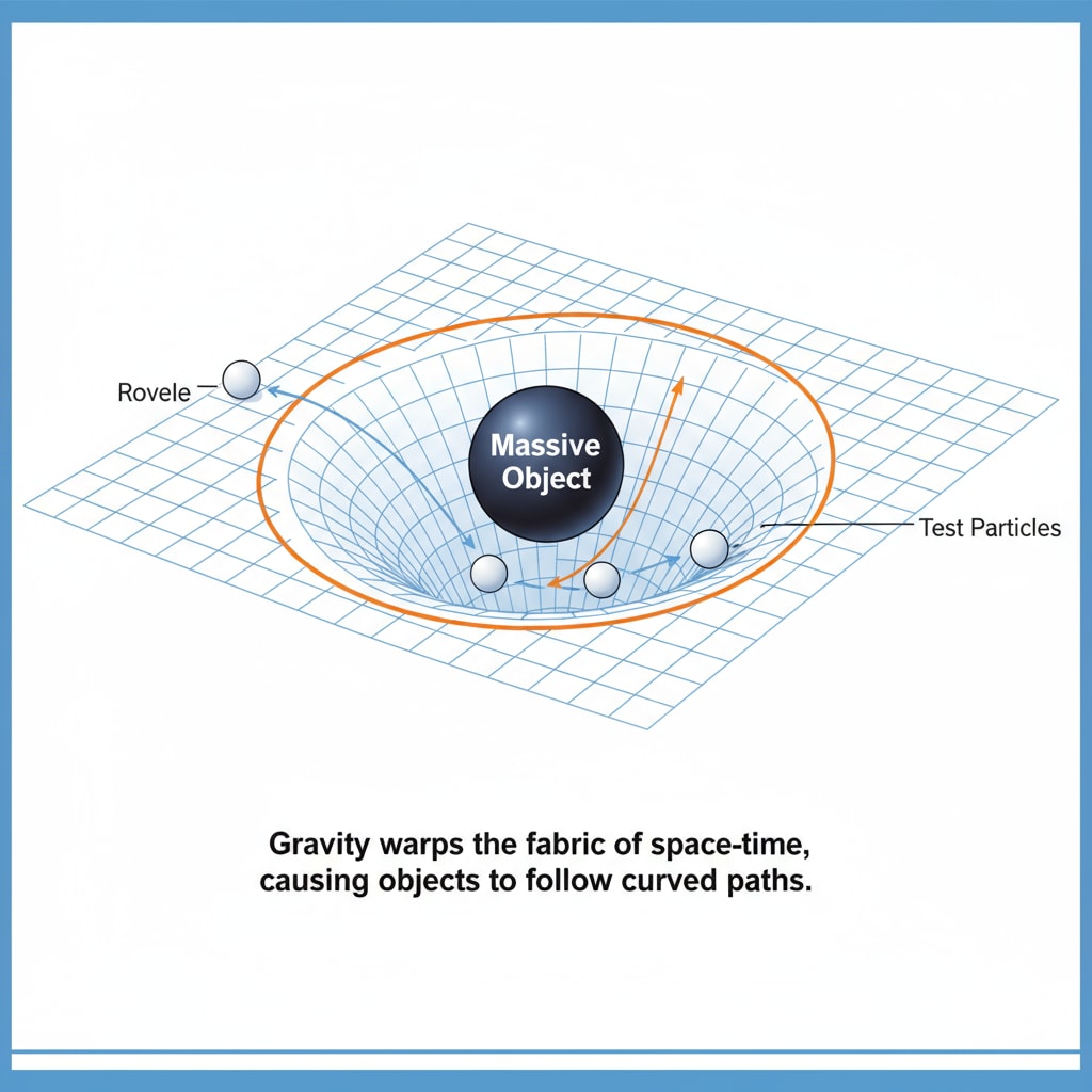 A simple illustration showing how gravity warps space-time. It depicts a large mass creating a dip in a flat grid representing space-time. Illustration of gravity warping space-time related to time bending and gravity's impact on time