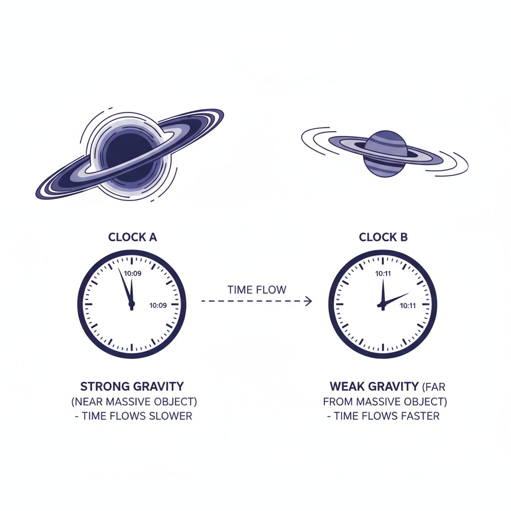 A diagram depicting the difference in time flow in strong and weak gravitational fields. It shows two clocks, one in a strong gravitational area running slower and one in a weak area running faster. Diagram showing time flow difference in strong and weak gravitational fields for understanding time bending and gravity effects