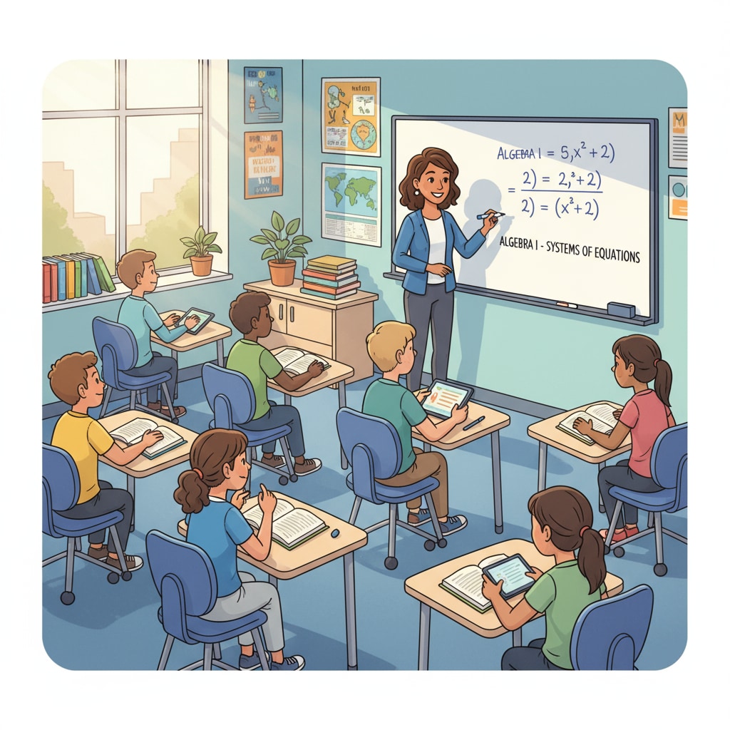 A classroom scene shows a teacher writing on a whiteboard while students are looking at their textbooks and some are using tablets. The environment is lively with students engaged in learning. A classroom setup with a combination of traditional teaching tools like textbooks and modern technology like tablets.