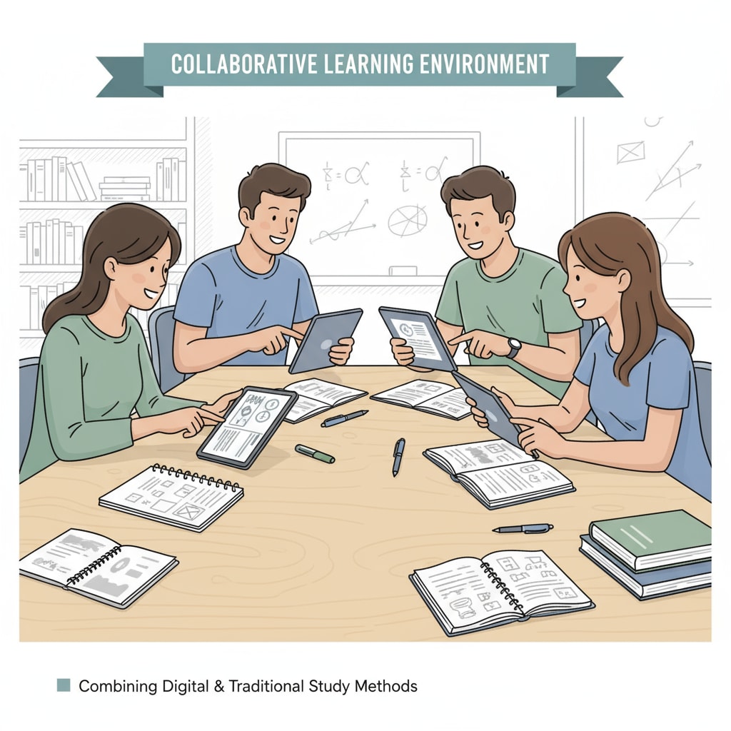 A group of students are sitting around a table, using tablets to discuss and study a subject together. There are notebooks and pens beside them, indicating a blend of traditional and digital learning. Students using tablets for collaborative learning along with traditional study materials.