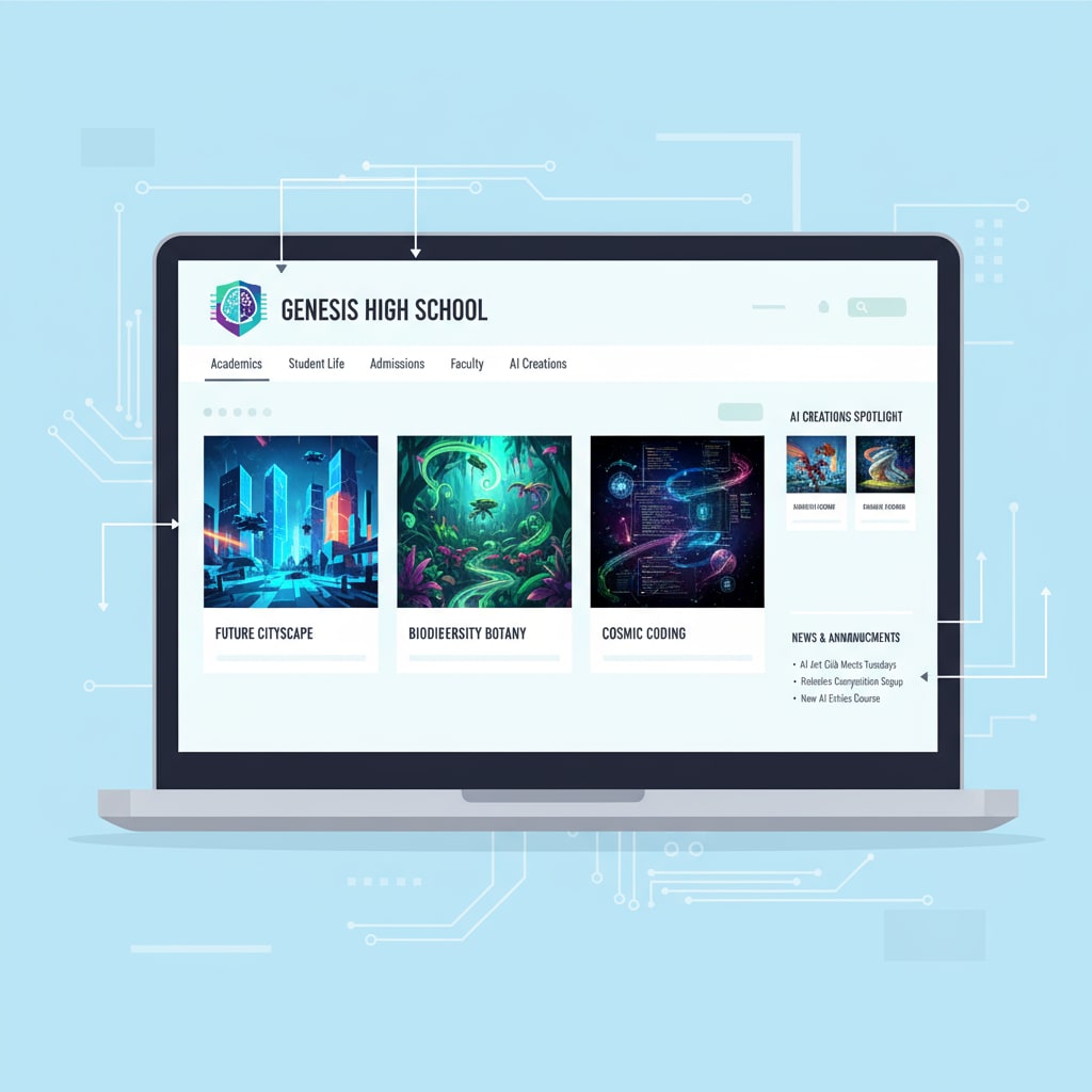An image depicting a high school website interface with AI-generated graphics used for decoration. High school website with AI-generated images related to educational ethics